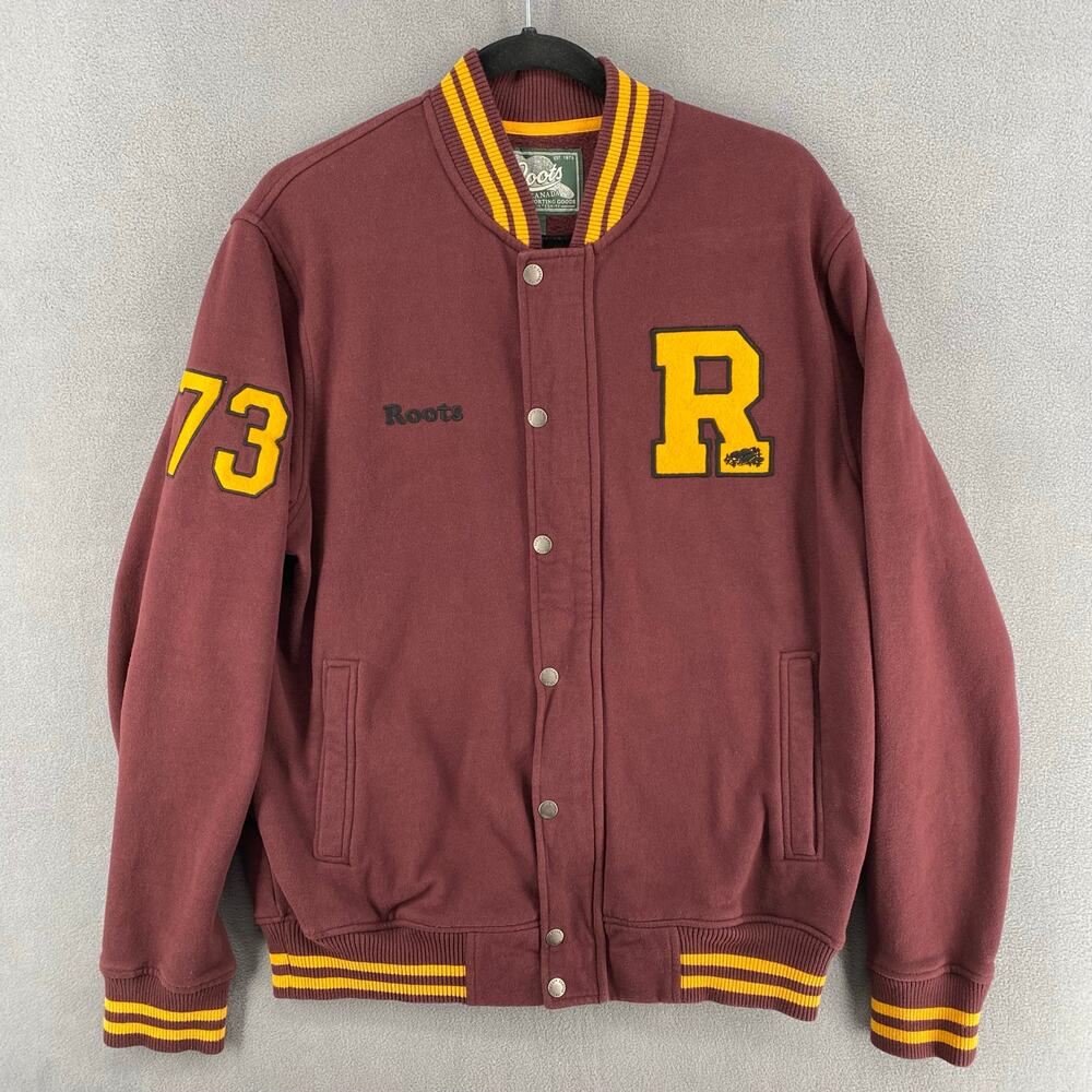 Vtg Y2K 00s Roots Canada Cotton Varsity Jacket Unisex L Maroon‎ Embroidered R 73